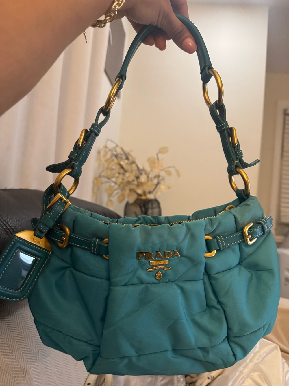 Prada Tessuto turquoise quilted nylon shoulder bag Authentic